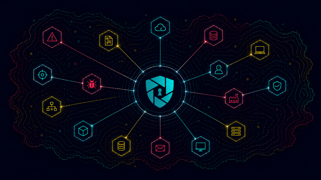 Grafische Cyber-Landkarte mit LocateRisk-Schutzschild im Zentrum, die den IT-Sicherheitsstatus eines Unternehmens in unter 30 Sekunden über die MCP-Schnittstelle visualisiert.